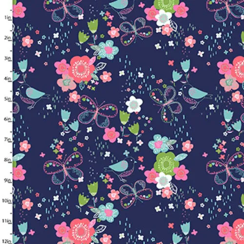 Fabric Editions Hello Spring Garden Navy Garden With Butterfly Flower and Birds Cotton Prints
