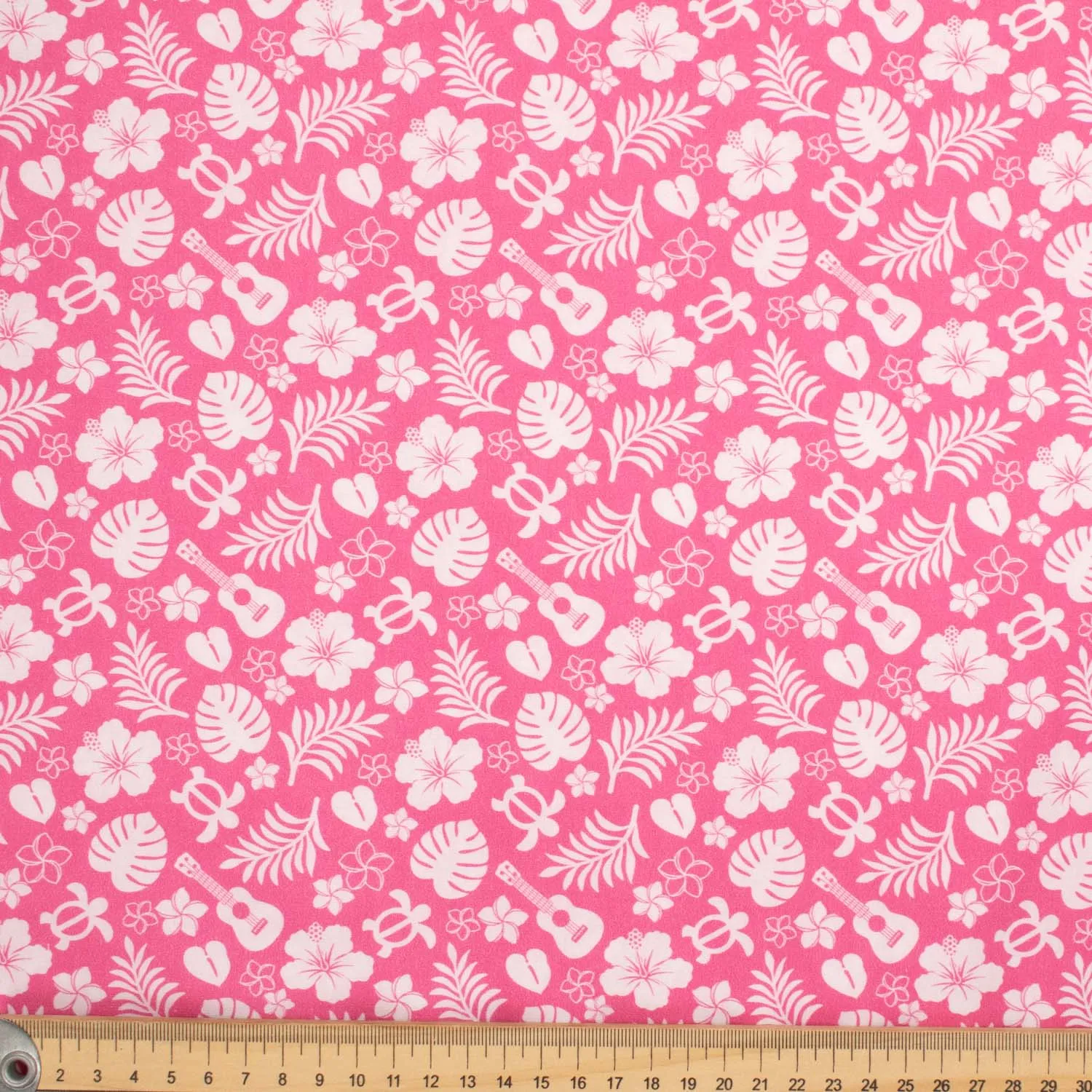 Hawaii Style Collection #09 Flower, Leaves, Sea Turtle & Guitar on Pink Cotton Prints