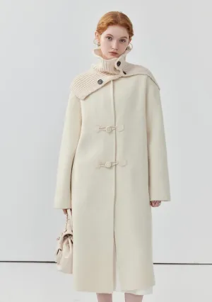 Leather button knitted scarf coat for women petite long double-sided woolen coat
