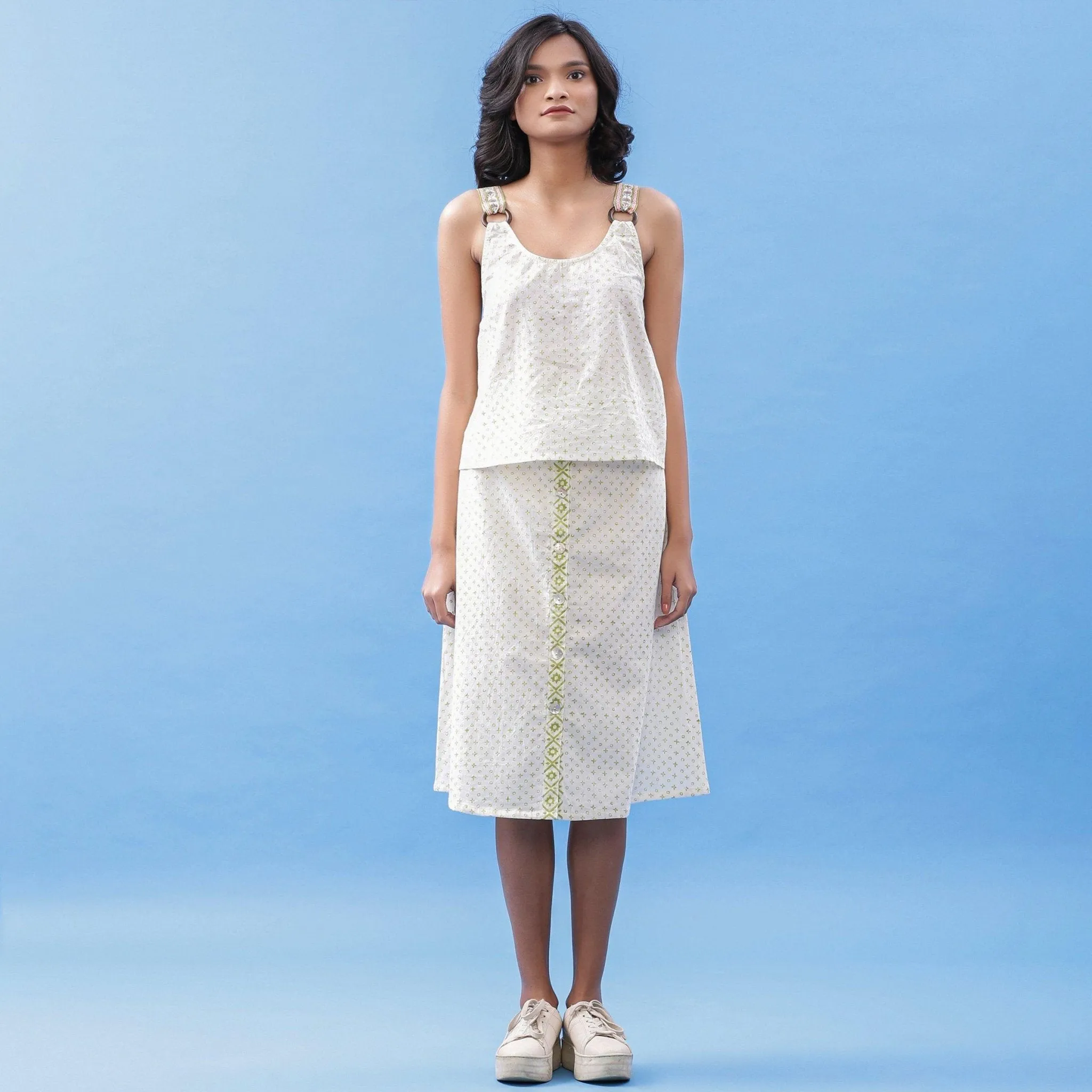 White Block Printed Cotton Knee Length Tic-Tac-Toe Skirt