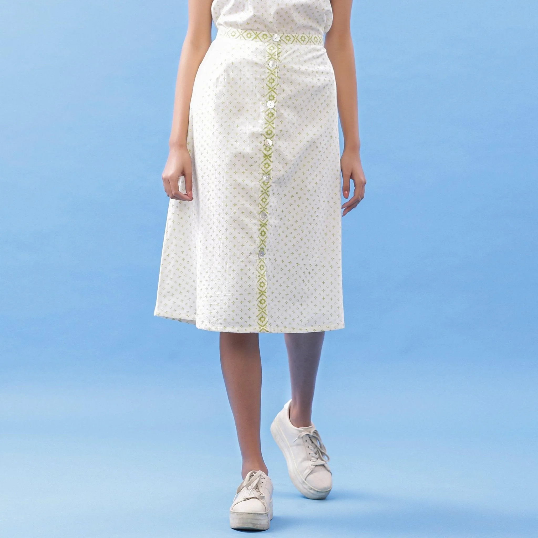 White Block Printed Cotton Knee Length Tic-Tac-Toe Skirt