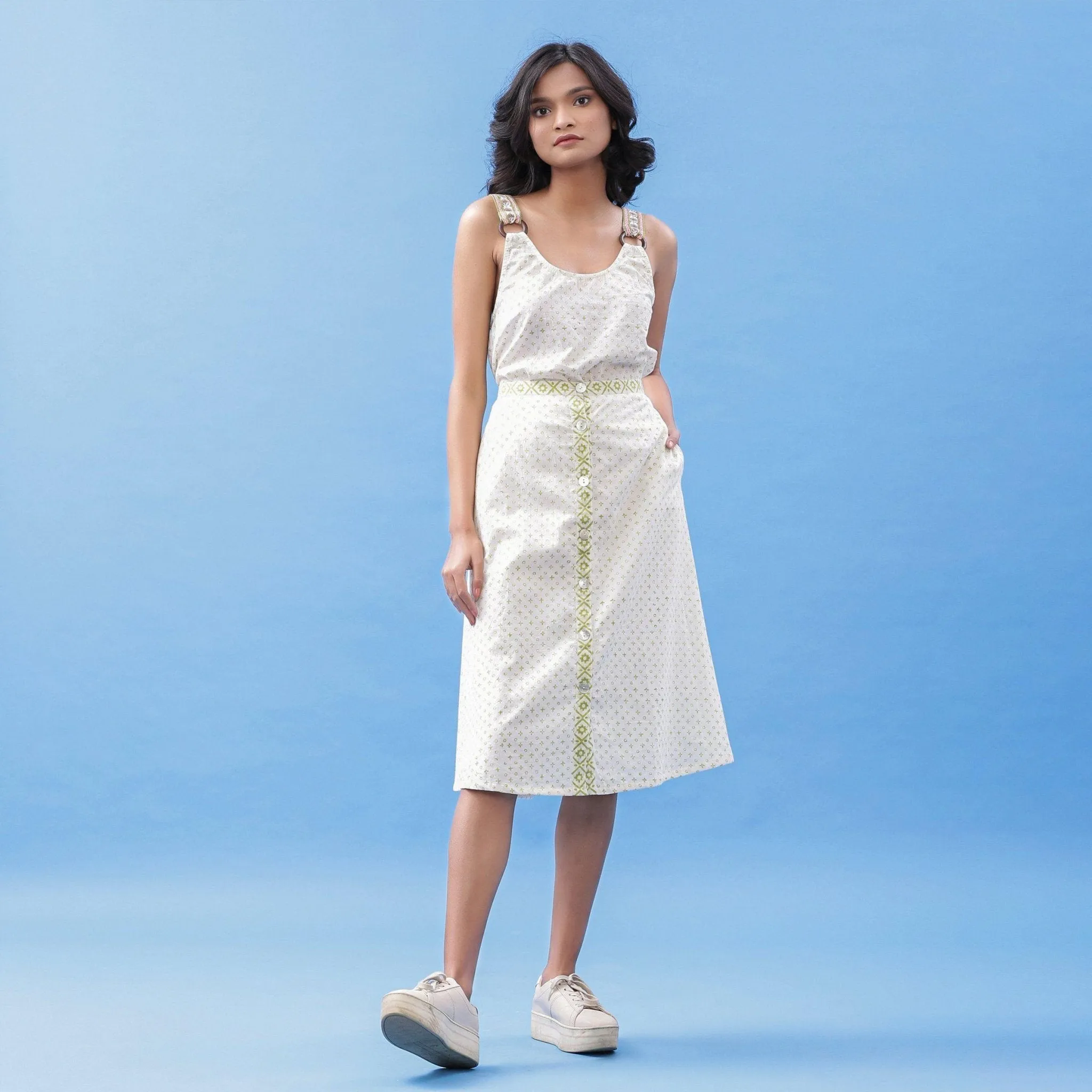 White Block Printed Cotton Knee Length Tic-Tac-Toe Skirt