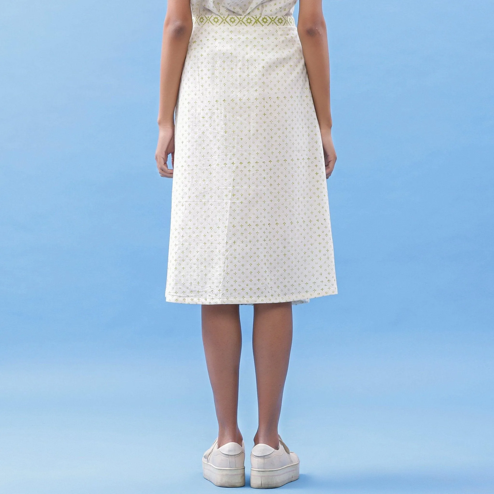White Block Printed Cotton Knee Length Tic-Tac-Toe Skirt
