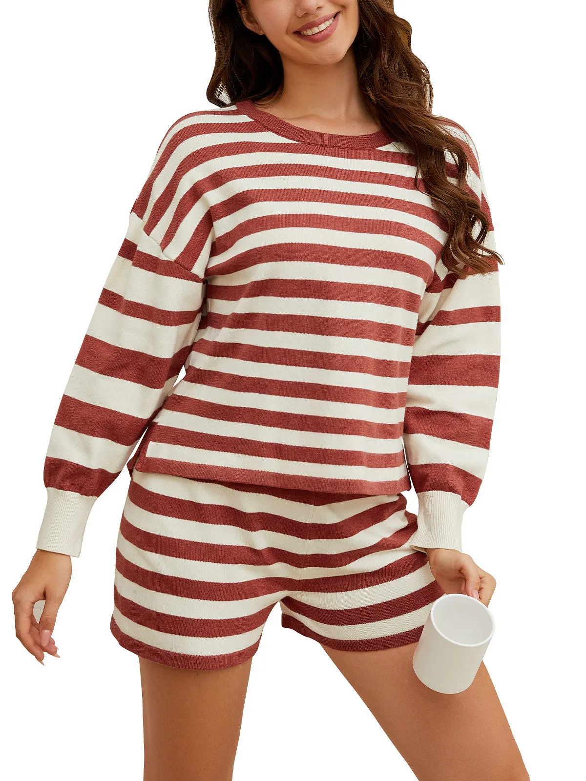 Womens Striped Sweater Set 2 Piece Lounge Set Women Knit Pajamas Set Long Sleeve Tops and Shorts Knit Pullover Top